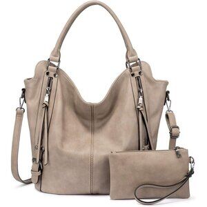 Women's Khaki Large PU Leather Tote Bag - Fashion Hobo Purse w/Strap